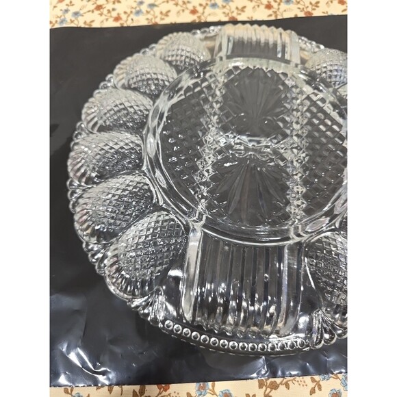 Vtg LE Smith Cut Glass Deviled Egg Plate Relish Platter Pineapple Round 10.5" - Picture 6 of 8